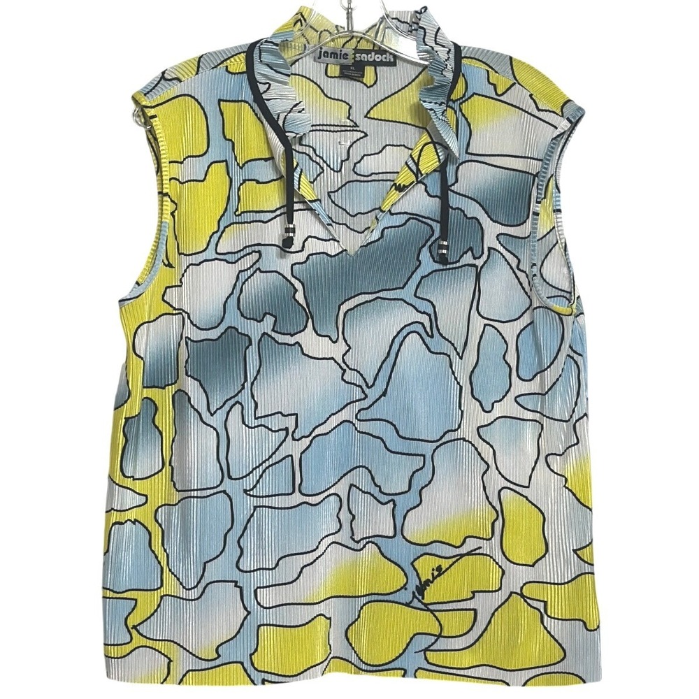 Jamie Sadock Sleeveless Golf Top Women Blue Yellow Abstract Plisse Chic XL